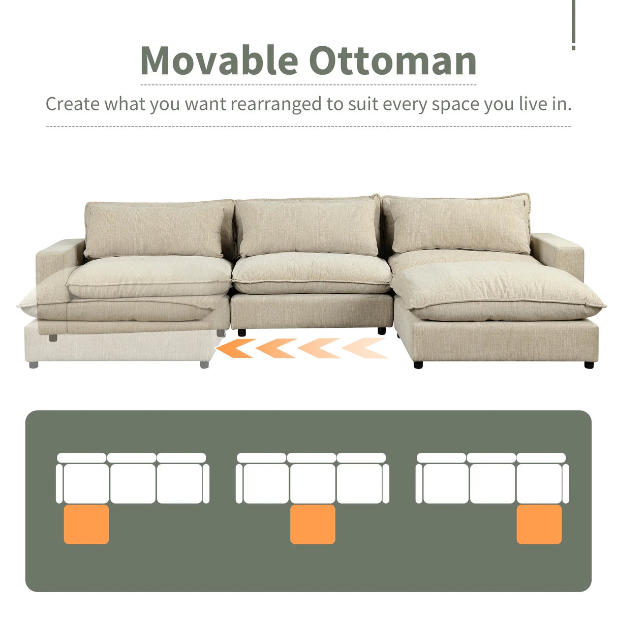 Cloud Sectional with Ottoman, Charging Ports and Three Back Pillows - Beige - Furniture Home Direct