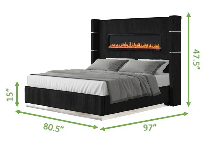 Upholstered Wooden King Bed with Fireplace in Black Velvet Finish - Furniture Home Direct