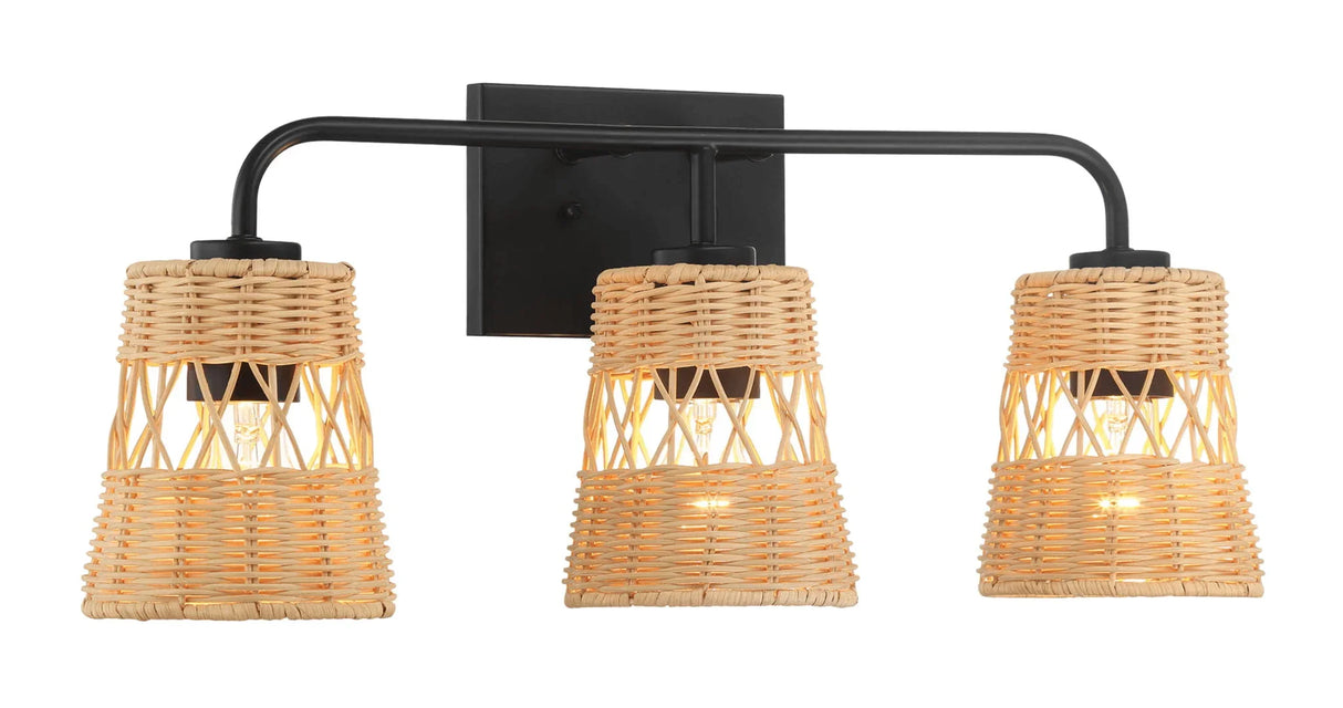 Moonlit - 3 Lights Wall Sconce With Shade, Bathroom Lighting Fixtures Over Mirror - Black / Rattan - Furniture Home Direct