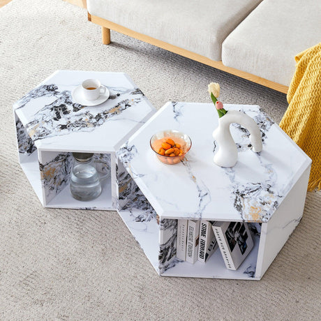 Coffee Table Set Hexagonal Marble Elegant Minimal White - Furniture Home Direct