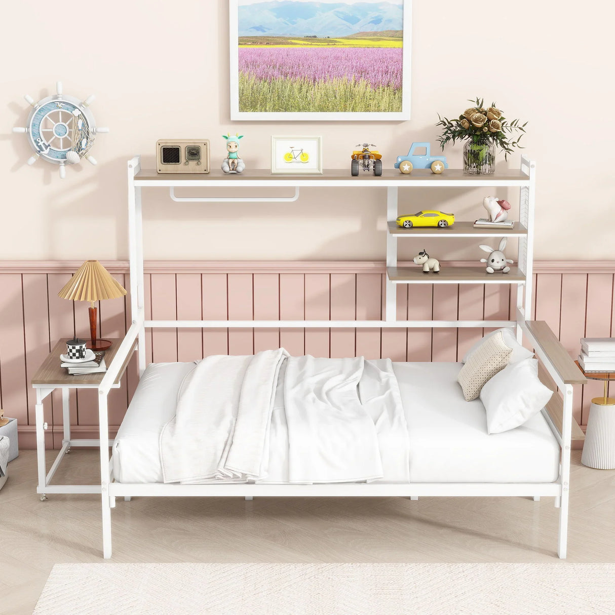 Daybed With Movable Desk, Grid, Shelves And Clothes Hanger - Furniture Home Direct