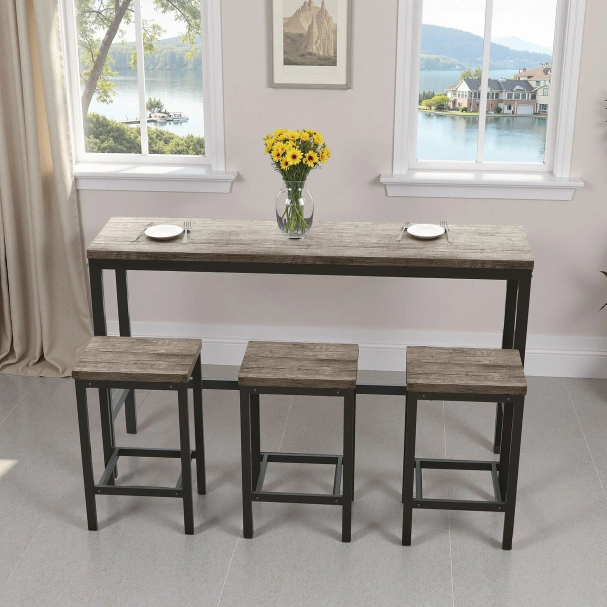Modern Design Long Dining Table Set With 3 Stools - Furniture Home Direct