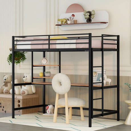 Twin Loft Bed With Desk And Shelve - Black - Furniture Home Direct