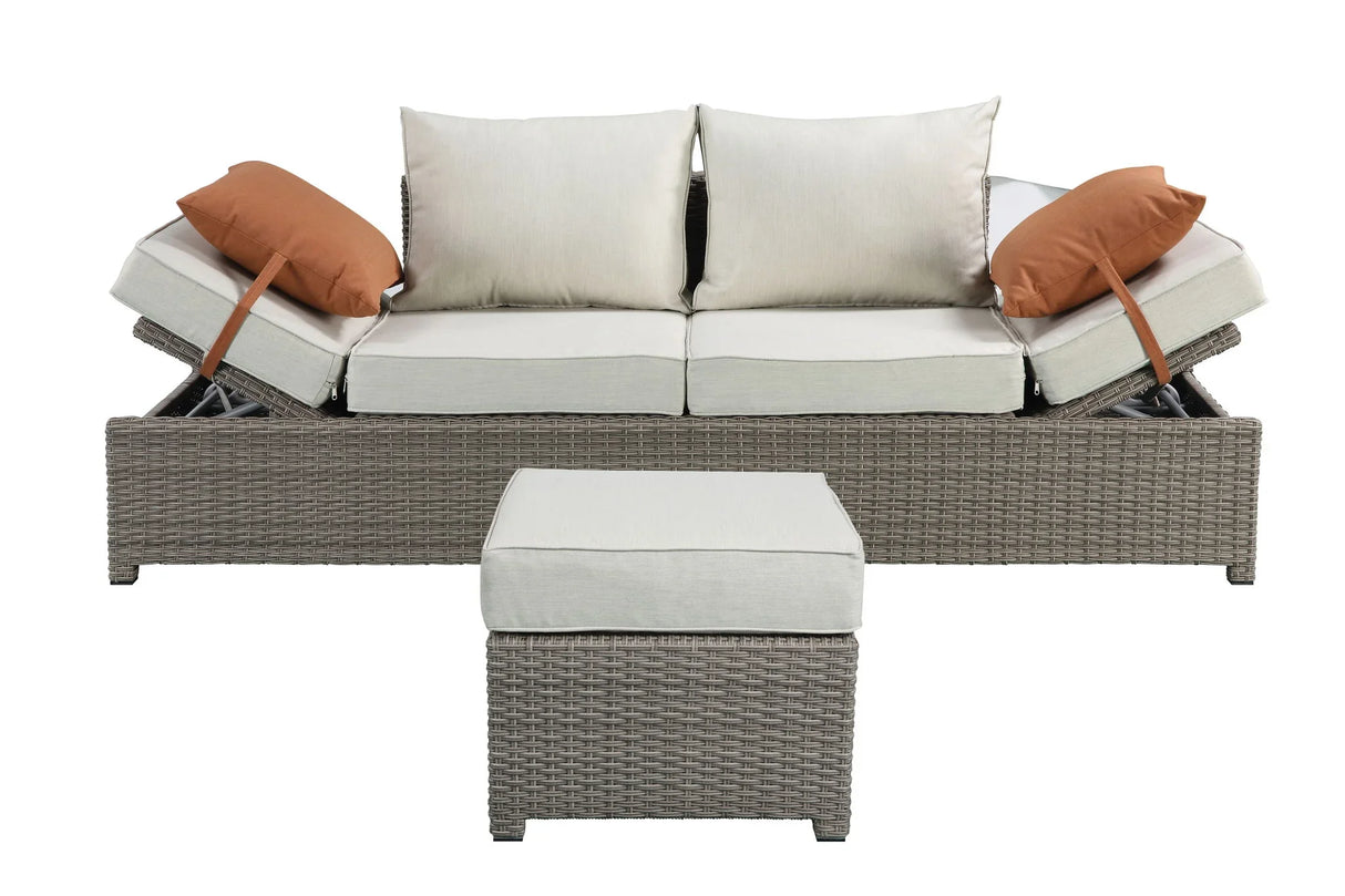 Salena - All Weather Wicker Patio Sofa & Ottoman With 2 Toss Pillows - Beige / Gray - Furniture Home Direct