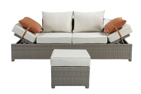 Salena - All Weather Wicker Patio Sofa & Ottoman With 2 Toss Pillows - Beige / Gray - Furniture Home Direct