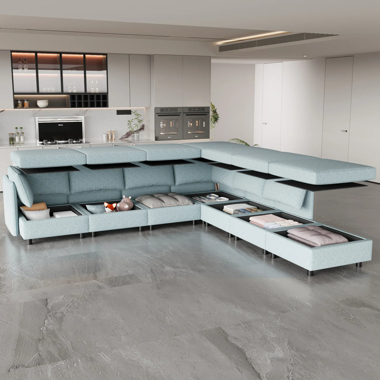 3 Piece Modular Living Room Set With Sofa, love seat and Chair, Sea Foam - Furniture Home Direct