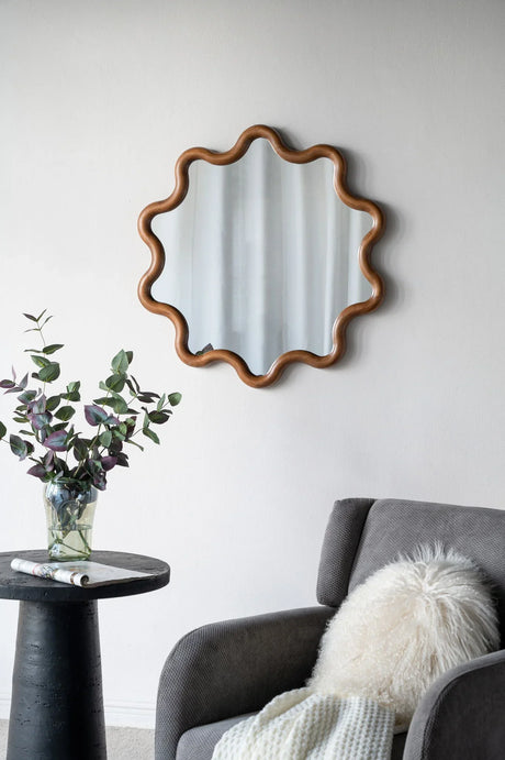 Wooden Accent Mirror With Unique Frame, Wall Mirror For Living Room Bedroom Entryway - Brown - Furniture Home Direct