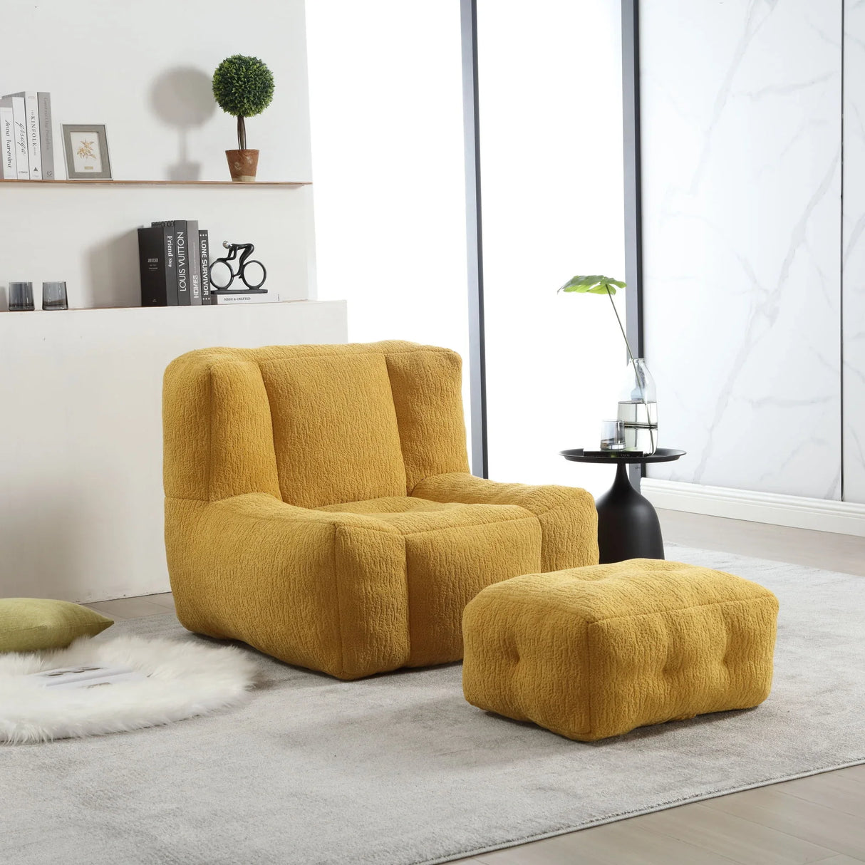Modern Indoor Fluffy Bean Bag Chair With Memory Foam And Ottoman, Super Soft - Furniture Home Direct