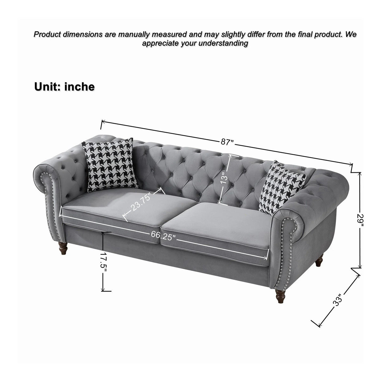 Chesterfield 3 And 2 Seater Velvet Upholstery Sofa With Roll Armrest & Nailhead Fabric Couch - Furniture Home Direct