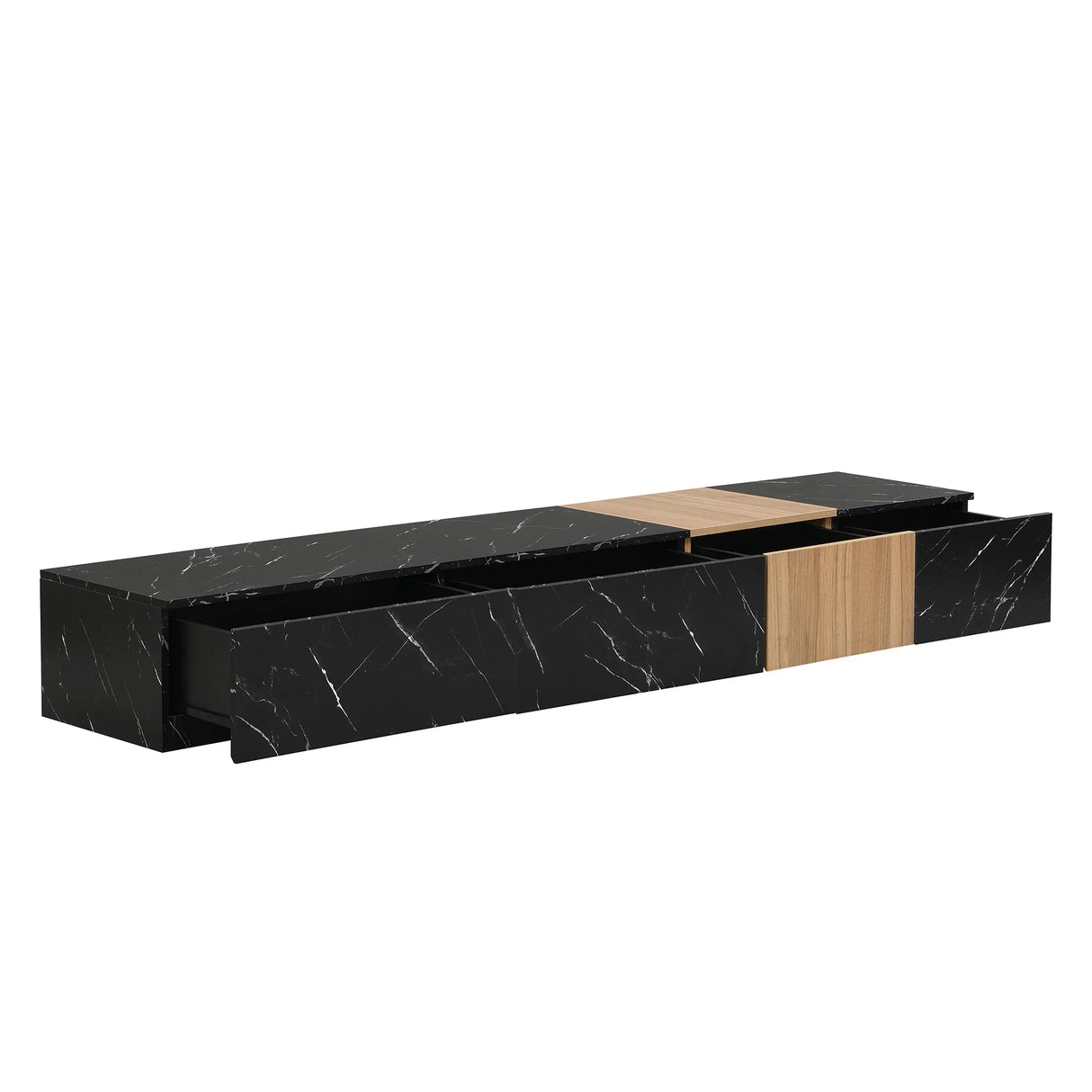 TV Stand With Faux Marble Walnut Finish Low Profile Black - Furniture Home Direct