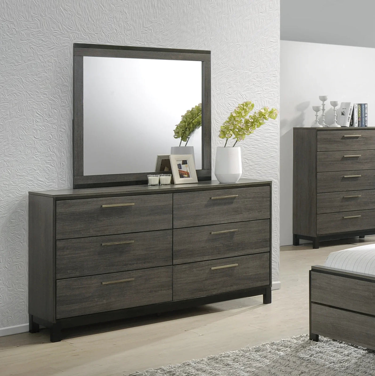 Bedroom Set King Size Dresser Mirror Nightstands Gray - Furniture Home Direct