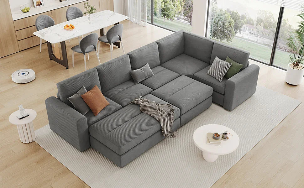 121.3" Modular Sectional Sofa with Two Movable Ottomans, Gray - Furniture Home Direct