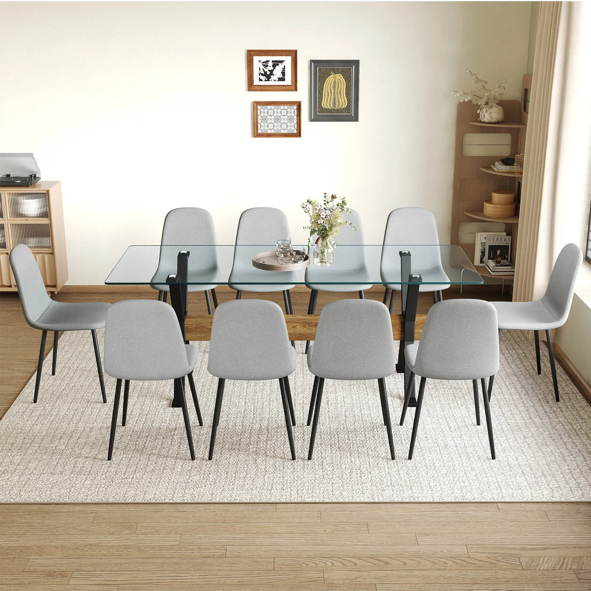 Dining Set Glass Table With 10 Chairs Finish Light Gray - Furniture Home Direct