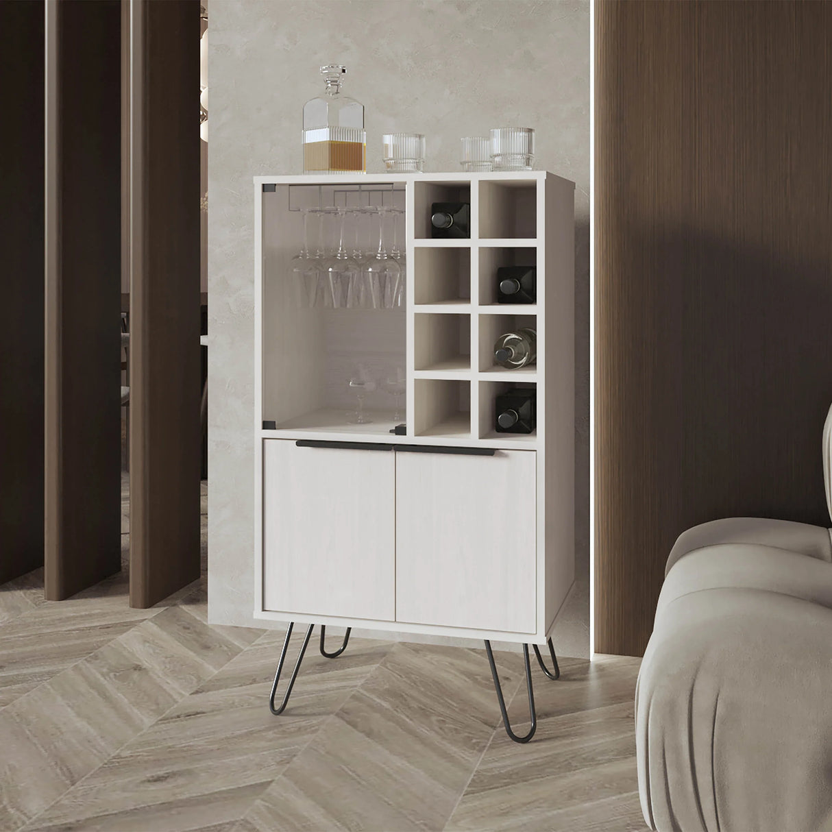 Fairfax WIne Cabinet with glass rack and storage,white - Furniture Home Direct