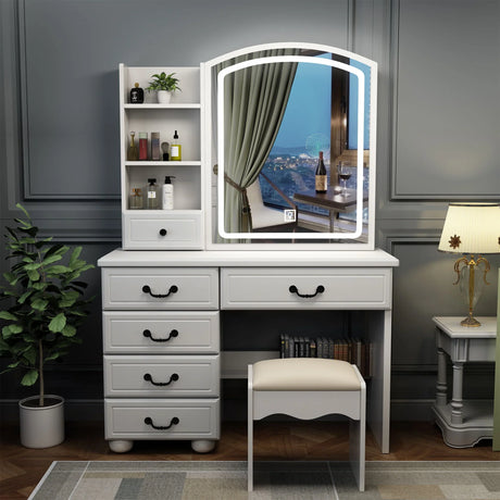 Fashion Vanity Desk With Mirror And Adjustable Lighting, 6 Drawers, 3 Color Light Modes - White - Furniture Home Direct