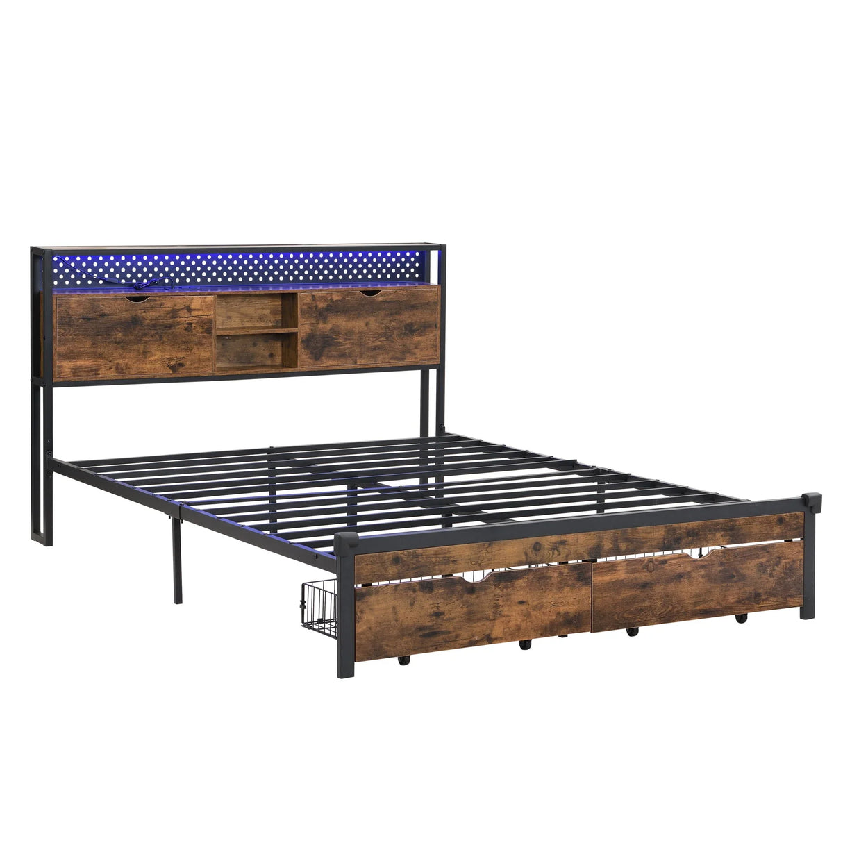 Modern Platform Bed, USB Charging Station, 2 Drawers, LED Lights - Furniture Home Direct