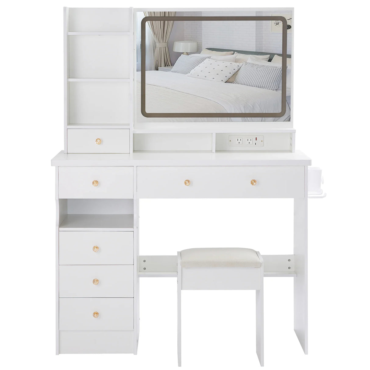 Vanity Desk Set With Cushioned Stool And Large Mirror White - Furniture Home Direct
