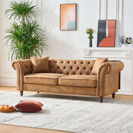 Chesterfield Sofa, High Roll Armrest Sofa, Upholstered Mid Century Modern Couch, 3 Seater Couch - Brown - Furniture Home Direct