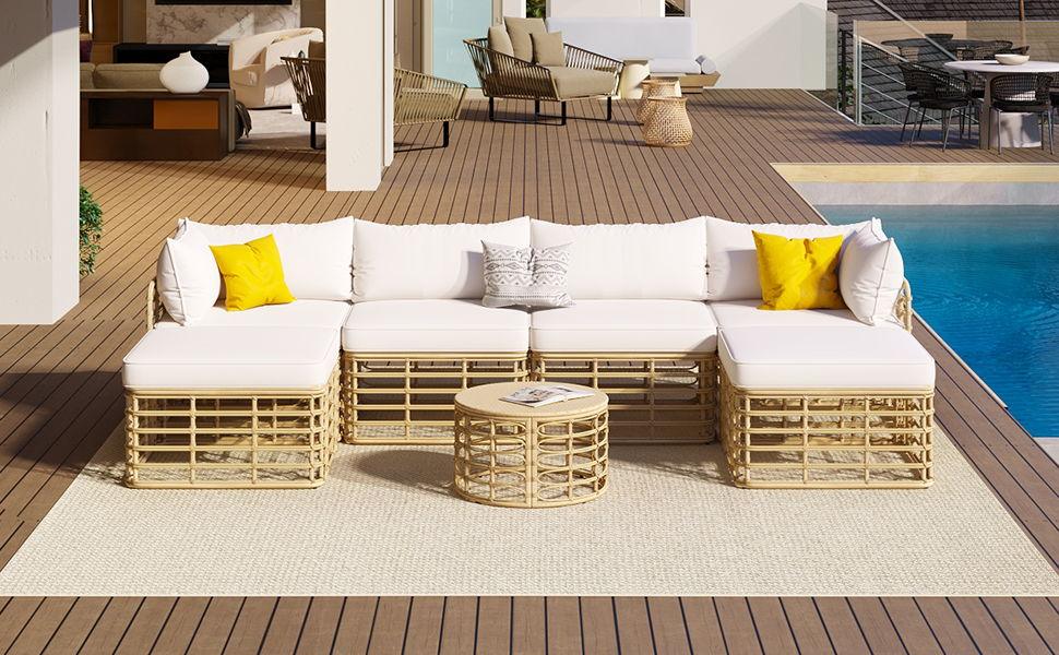 Outdoor Patio Furniture, All-Weather Rattan Sectional Sofa Set With Thick Cushions And Pillows, Freely Combined Conversation Sets For Garden, Backyard, Balcony - Furniture Home Direct