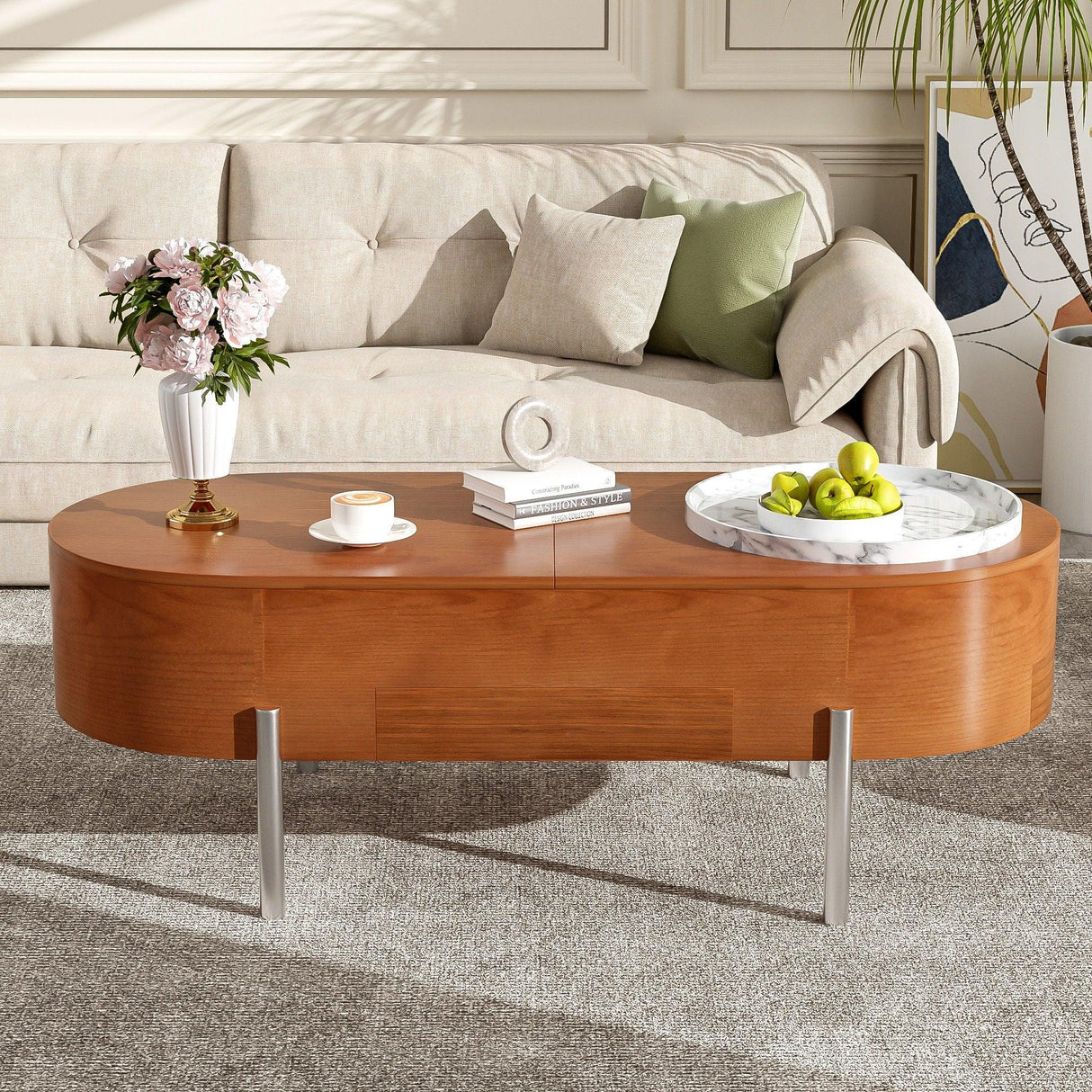 Lift Top Coffee Table With 360 Degree Marble Patterned Rotating Tray - Furniture Home Direct