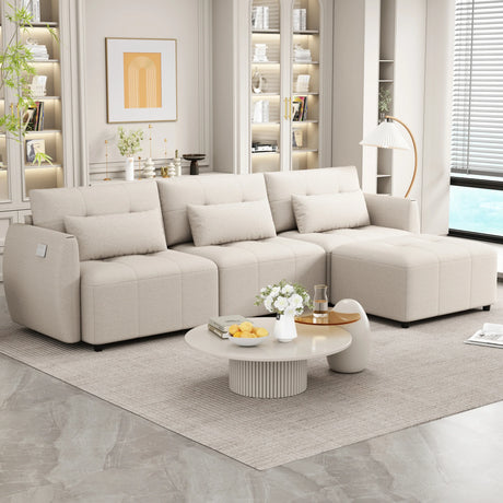 113.3 Modular Sectional With Ottoman And USB C Ports Beige - Furniture Home Direct