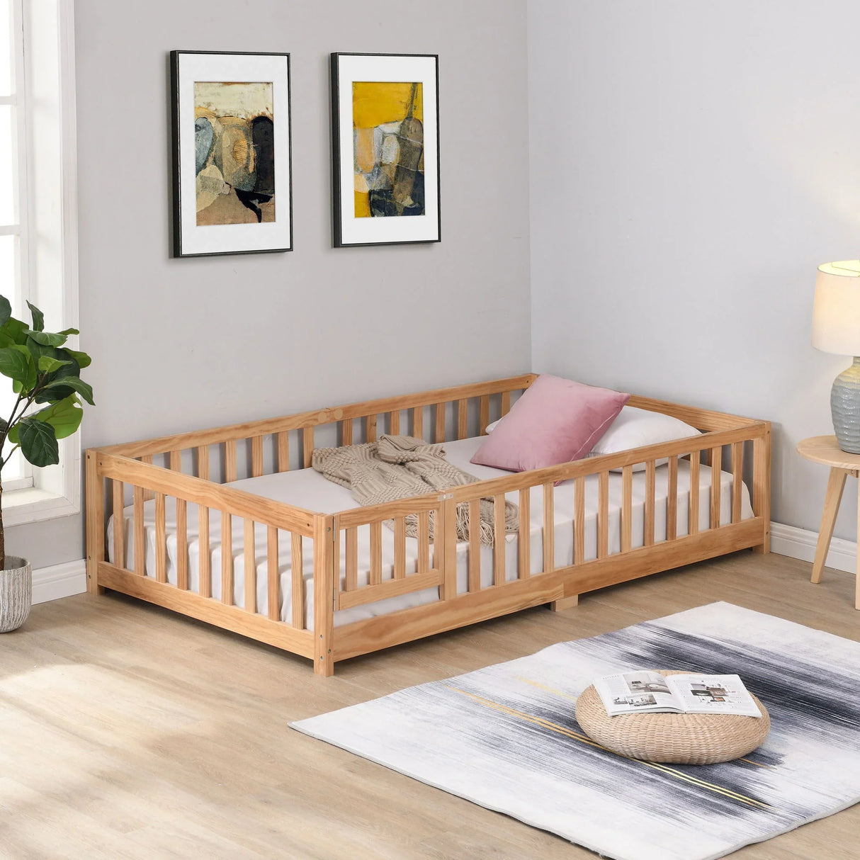 Solid Wood Floor Bed With Door And Fence For Children - Furniture Home Direct