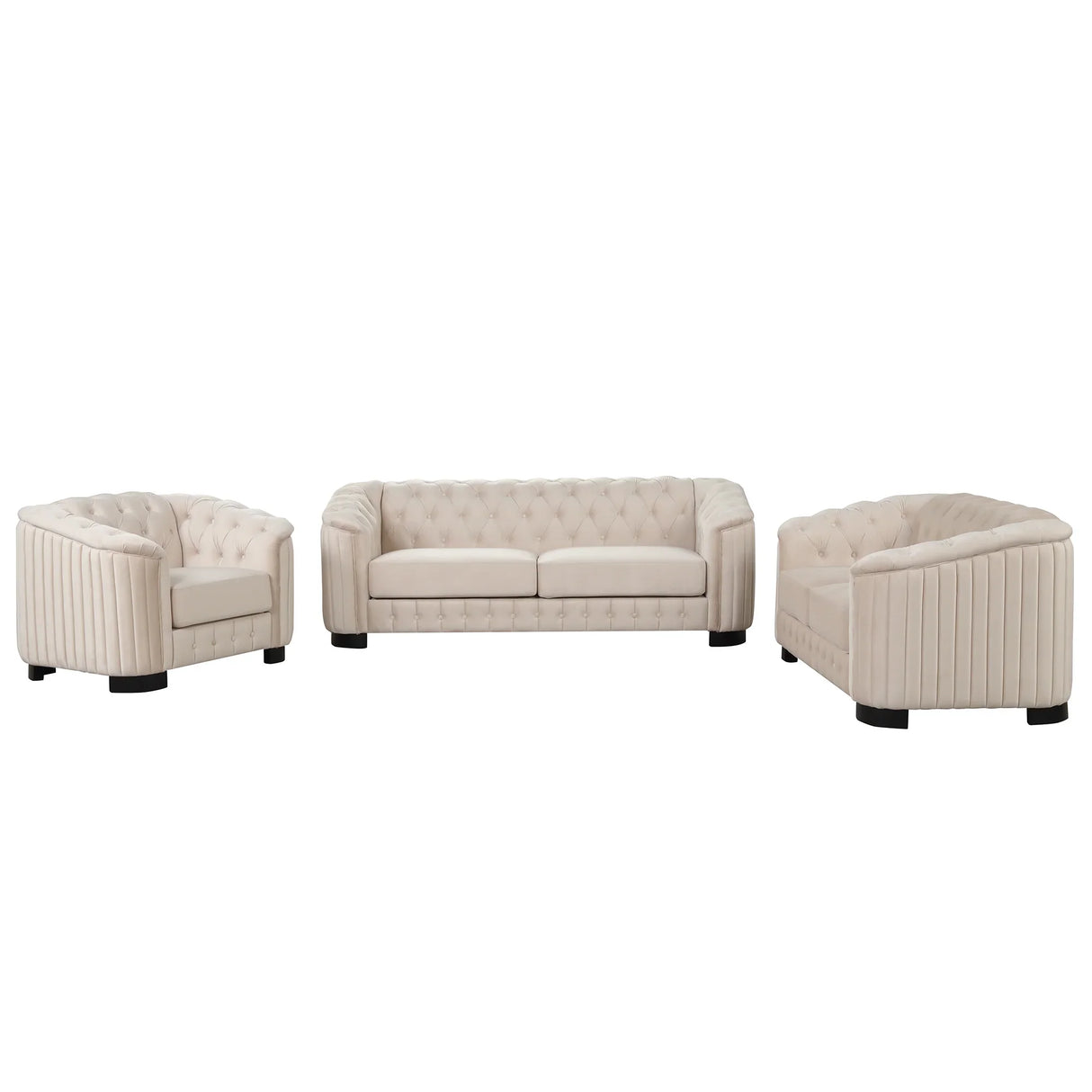Modern 3-Piece Velvet Upholstered Living Room Set Including Sofa, Love Seat and Chair, Beige - Furniture Home Direct