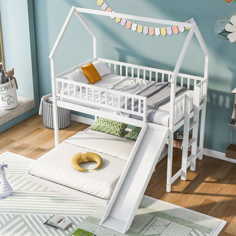 Hearth & Haven - Twin Over Full House Bunk Bed With Slide, Built In Ladder And Full Length Guardrail - White - Furniture Home Direct