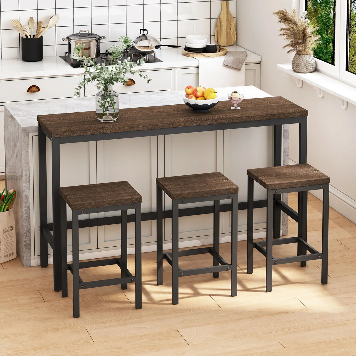 Modern Design Long Dining Table Set With 3 Stools - Furniture Home Direct