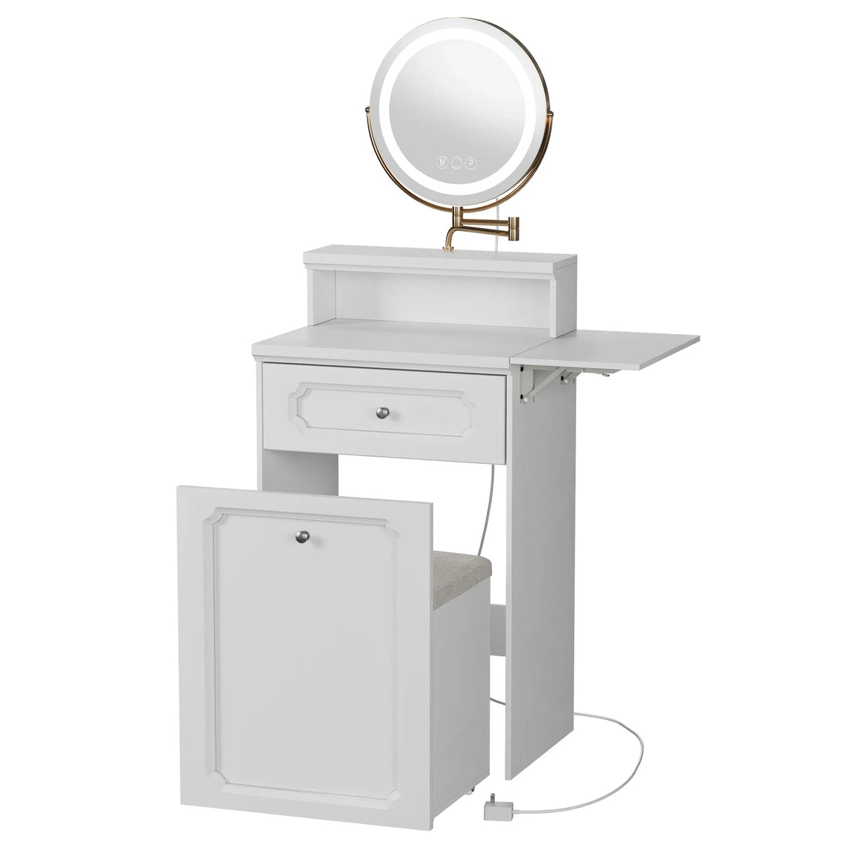 Makeup Vanity Desk With Round Mirror And Lights, 2 In 1 Nightstand, Dressing Table With A Chair - Antique White - Furniture Home Direct