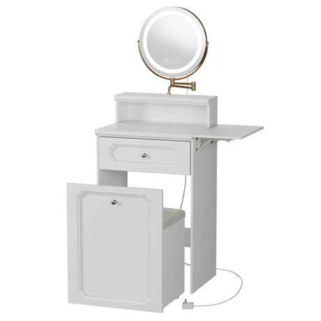 Makeup Vanity Desk With Round Mirror And Lights, 2 In 1 Nightstand, Dressing Table With A Chair - Antique White - Furniture Home Direct