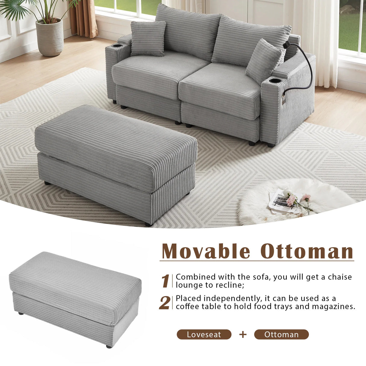 Modern Style Loveseat With Storage, Ottoman, Two USB Ports, Two Cup Holders and Phone Holder - Gray - Furniture Home Direct