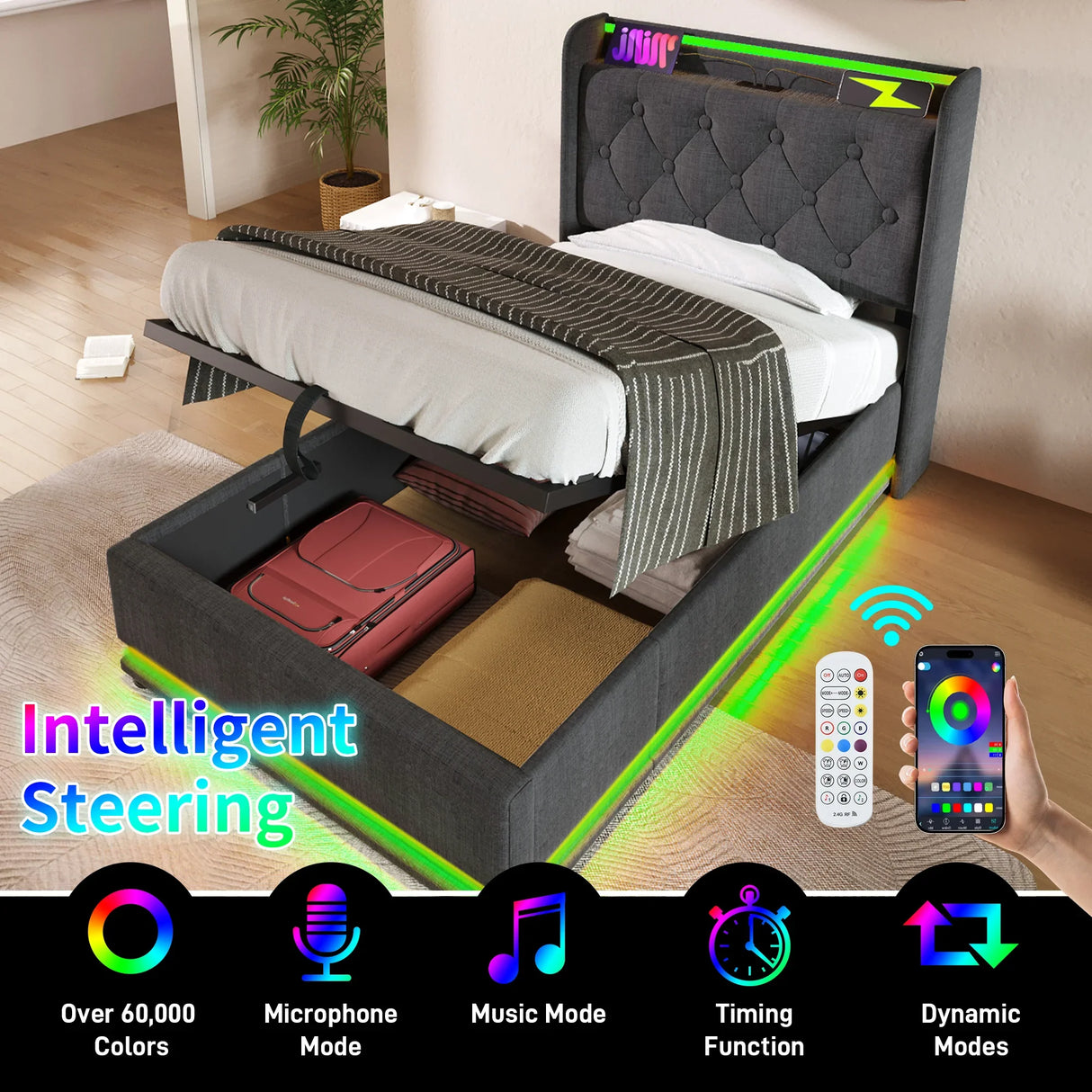 Twin Upholstered Bed 360 Surround LED Lighting USB C Gray - Furniture Home Direct