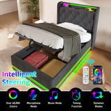 Twin Upholstered Bed 360 Surround LED Lighting USB C Gray - Furniture Home Direct