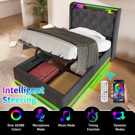 Twin Upholstered Bed 360 Surround LED Lighting USB C Gray - Furniture Home Direct