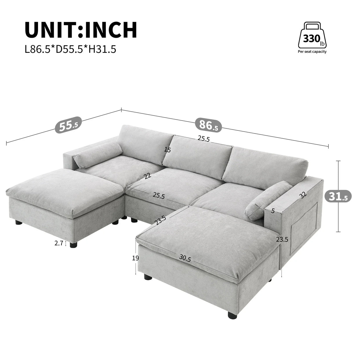 Modular Sectional With Storage Pockets, 5 Seat U Shaped Couch Set With Pillows, Free Combination Modern Cloud Sofa With 2 Movable Ottoman - Furniture Home Direct