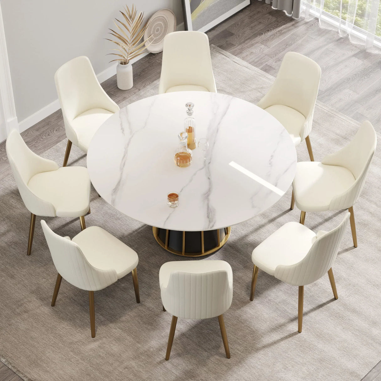 59.05" Modern Artificial Stone Round Panel Metal Iron Base Dining Table, Can Accommodate 8 People, (Not Including Chairs) - White / Black - Furniture Home Direct