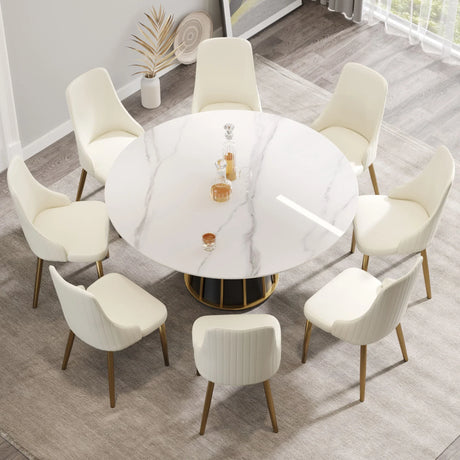 59.05" Modern Artificial Stone Round Panel Metal Iron Base Dining Table, Can Accommodate 8 People, (Not Including Chairs) - White / Black - Furniture Home Direct