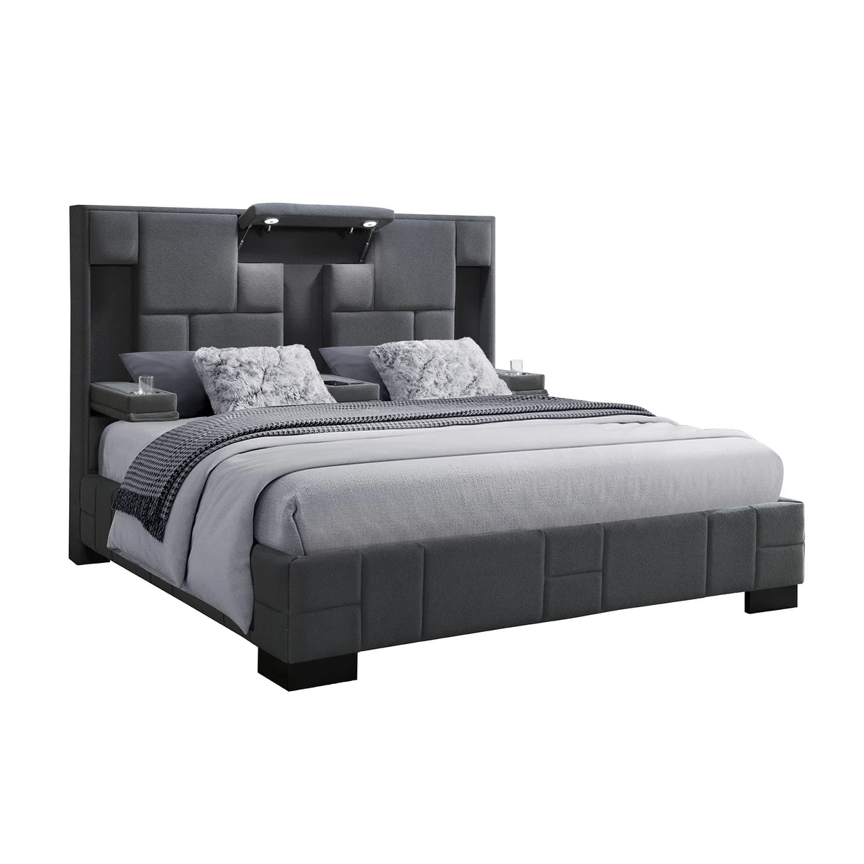 Queen Bed Upholstered Modern Paneled Frame Dark Gray - Furniture Home Direct