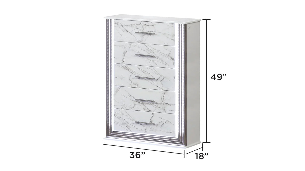 Queen Bed Set LED Upholstered Headboard Marble Finish White - Furniture Home Direct
