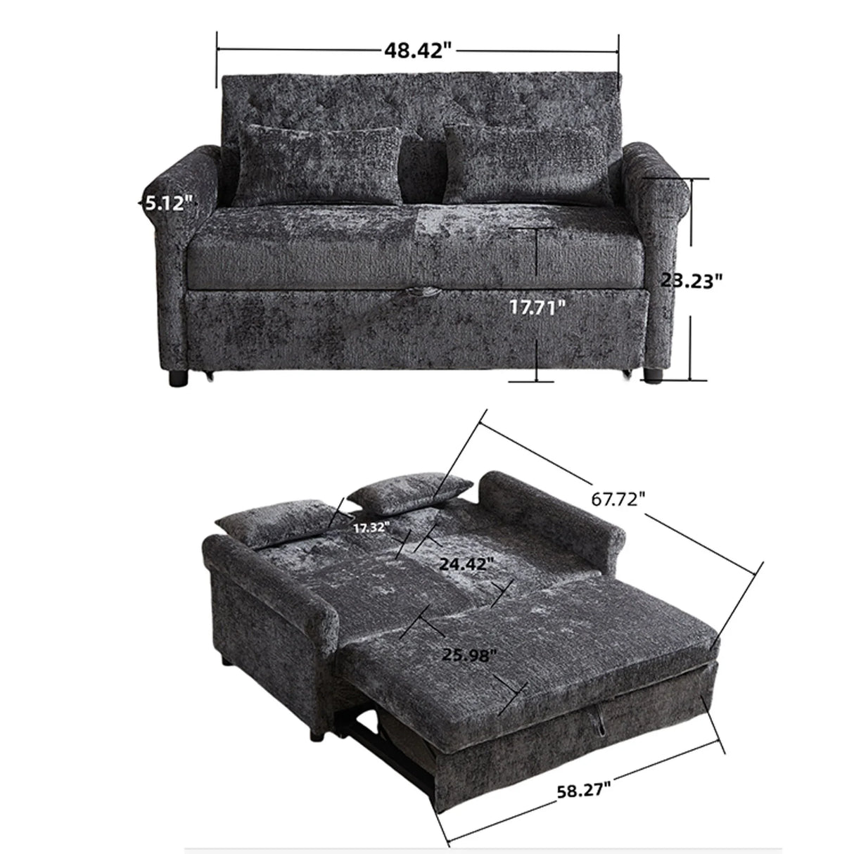 Loveseat Sofa Bed, Pull - Out Couch Sleeper & 2 Pillows - Furniture Home Direct