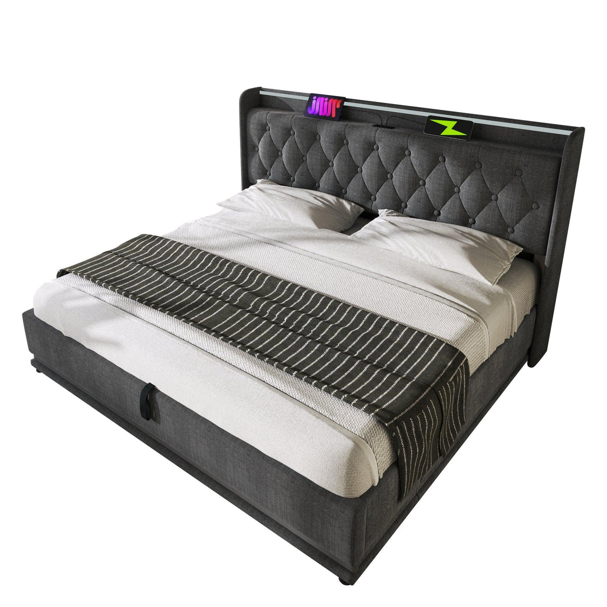 King Bed LED 360 Surround Lighting Storage USB Type C Gray - Furniture Home Direct