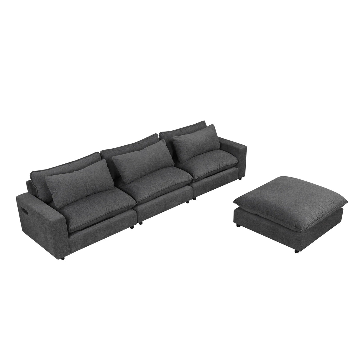 Chenille Cloud Sectional with Ottoman, Charging Ports and Three Back Pillows - Grey - Furniture Home Direct