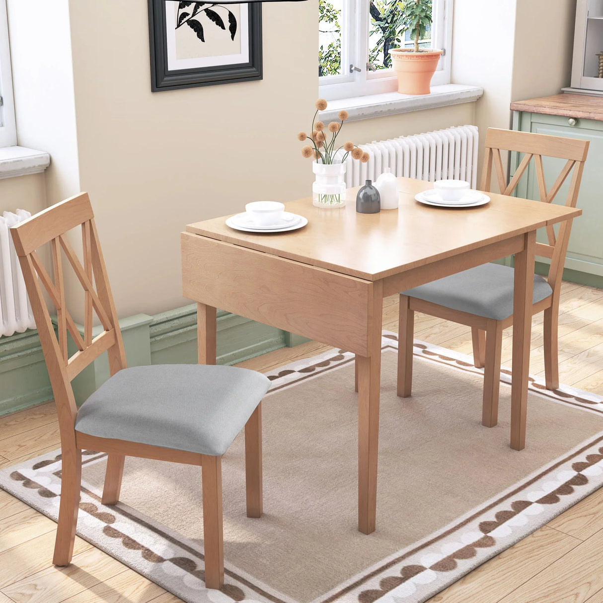 3 Piece Kitchen Dining Set With Drop Leaf Dining Table And 2 Dining Upholstered Chairs, Dining Room Set For Small Places - Furniture Home Direct