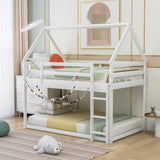 Twin Over Twin Low Bunk Bed, House Bed With Ladder - White - Furniture Home Direct