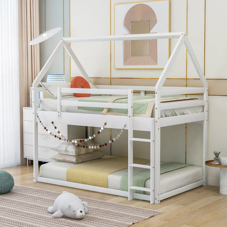 Twin Over Twin Low Bunk Bed, House Bed With Ladder - White - Furniture Home Direct