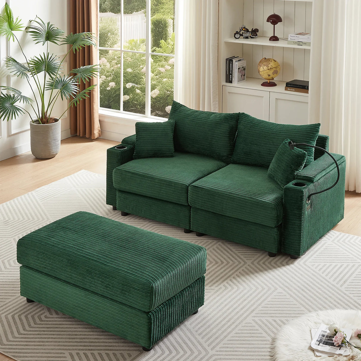 Sofa and Ottoman With Storage, Two USB Ports, Two Cup Holders and Phone Holder - Green - Furniture Home Direct