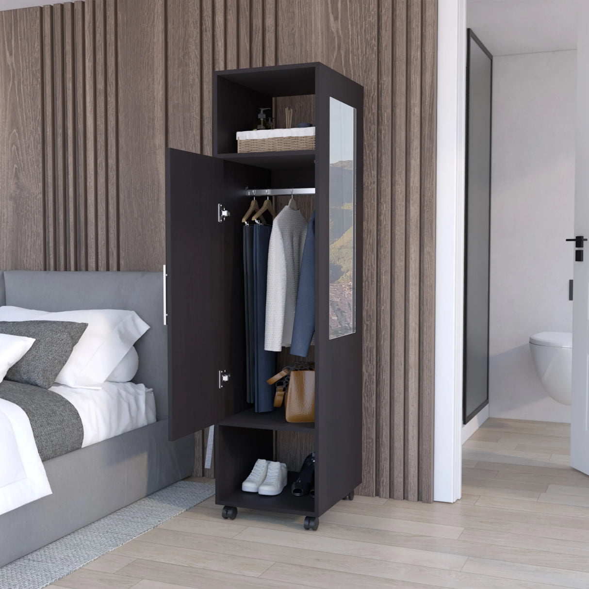 Wardrobe With Mirror and Hanging Rod on Casters Black - Furniture Home Direct