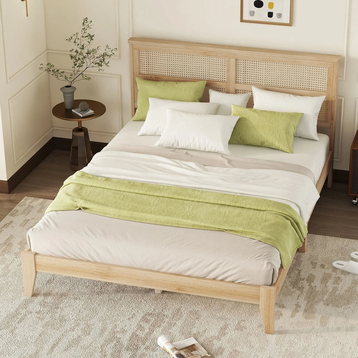 Queen Size Rubber Wooden, Solid Wooden Bed With Rattan Headboard, Enhanced By Support Feet - Natural - Furniture Home Direct