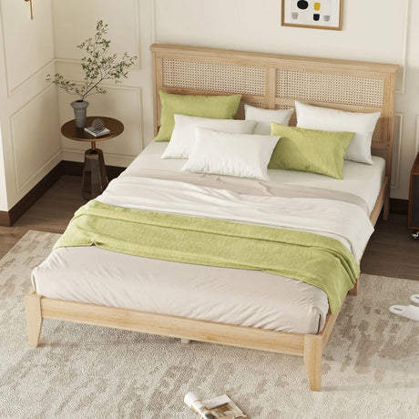 Queen Size Rubber Wooden, Solid Wooden Bed With Rattan Headboard, Enhanced By Support Feet - Natural - Furniture Home Direct